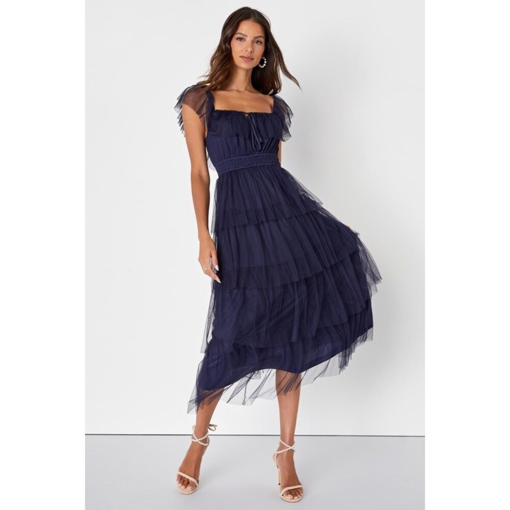 Lulus Tier I Come Navy Blue Tulle Square Neck Tiered Midi Dress - Size XXL